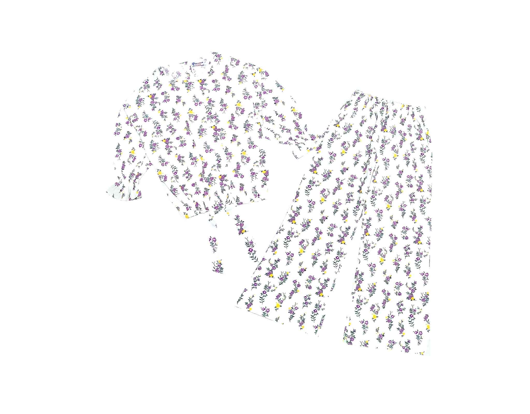 Purple Florals Cotton Short Top with Bell Bottom Trouser - White 1