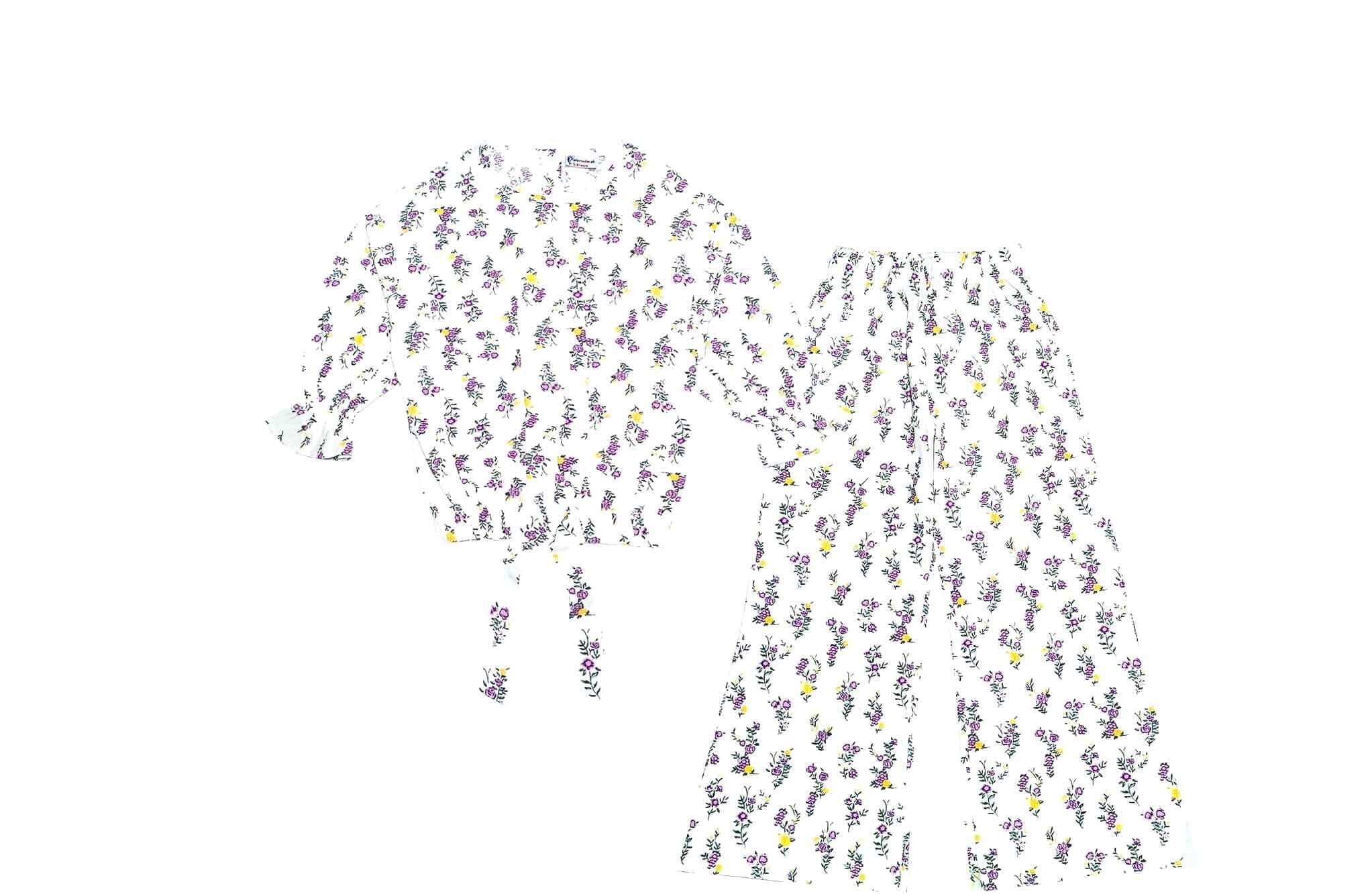 Purple Florals Cotton Short Top with Bell Bottom Trouser - White