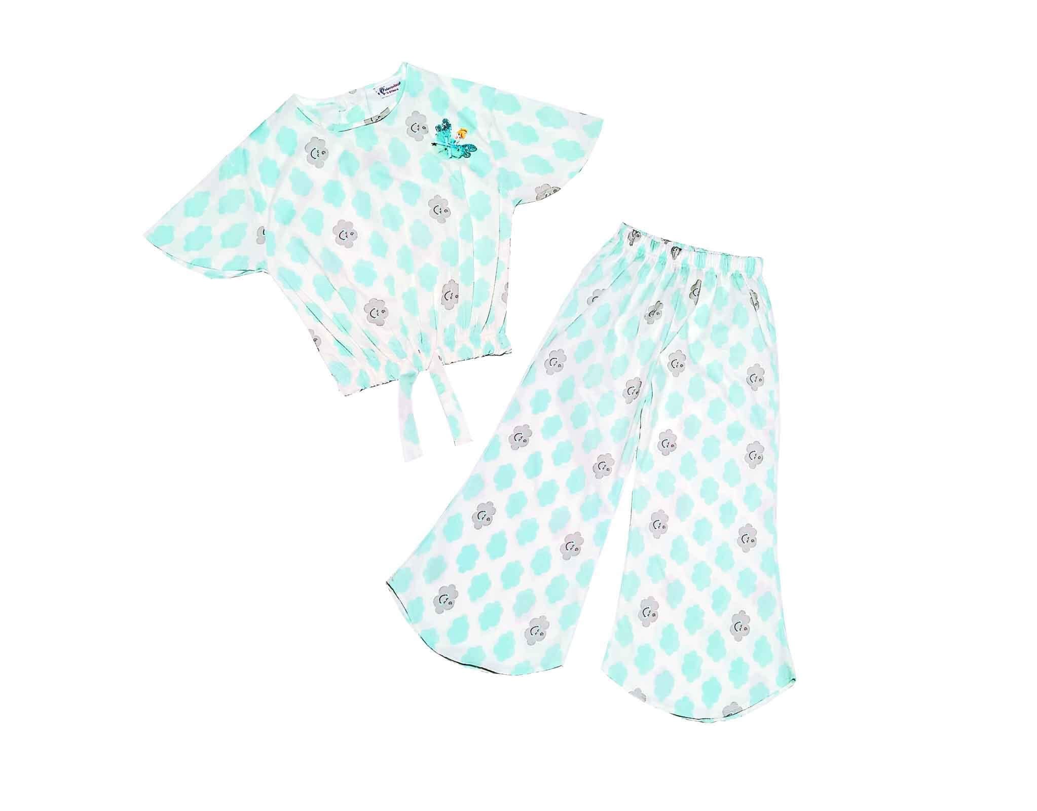 Smiley Clouds Fish Cut Cotton Top & Trouser - White 1