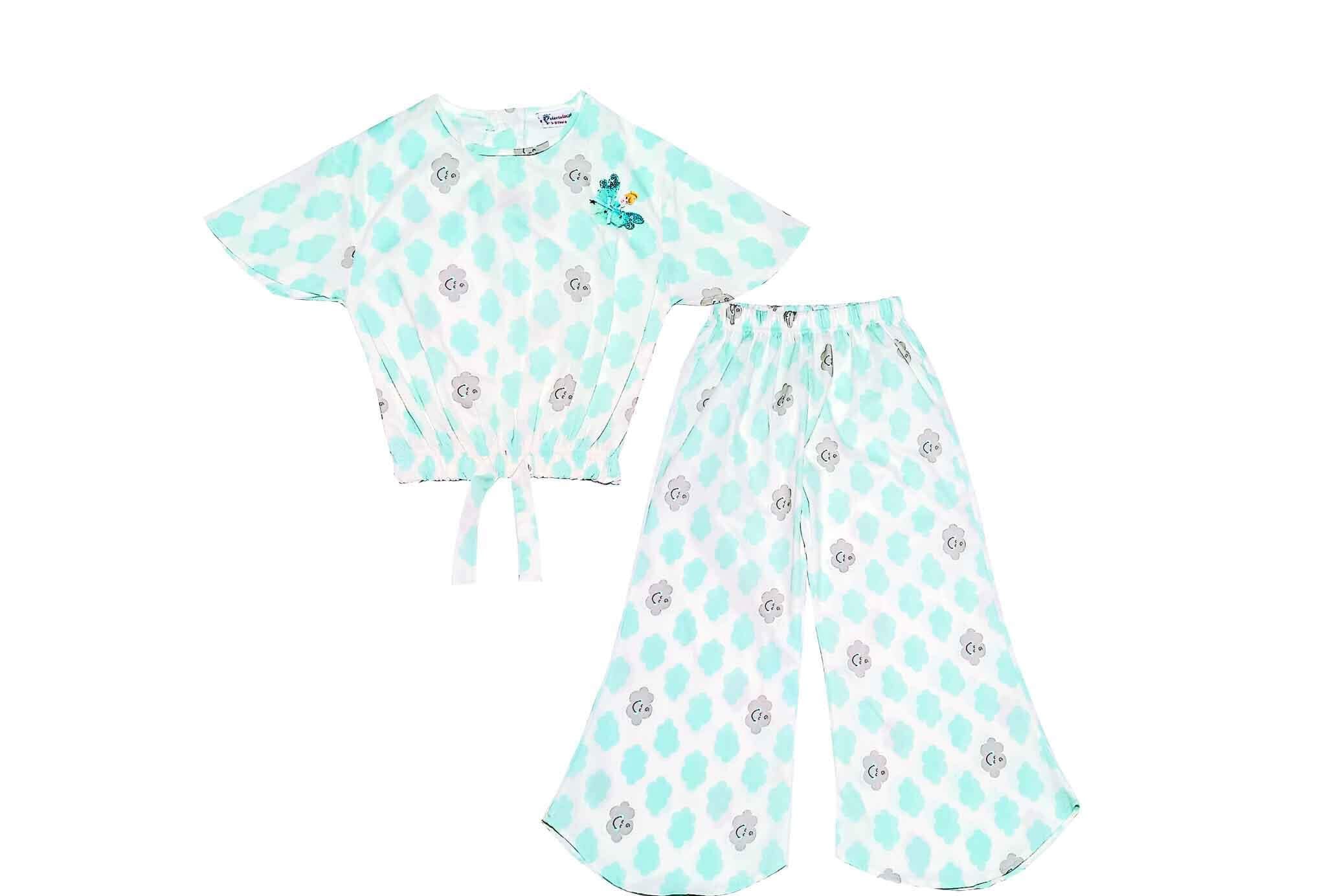 Smiley Clouds Fish Cut Cotton Top & Trouser - White