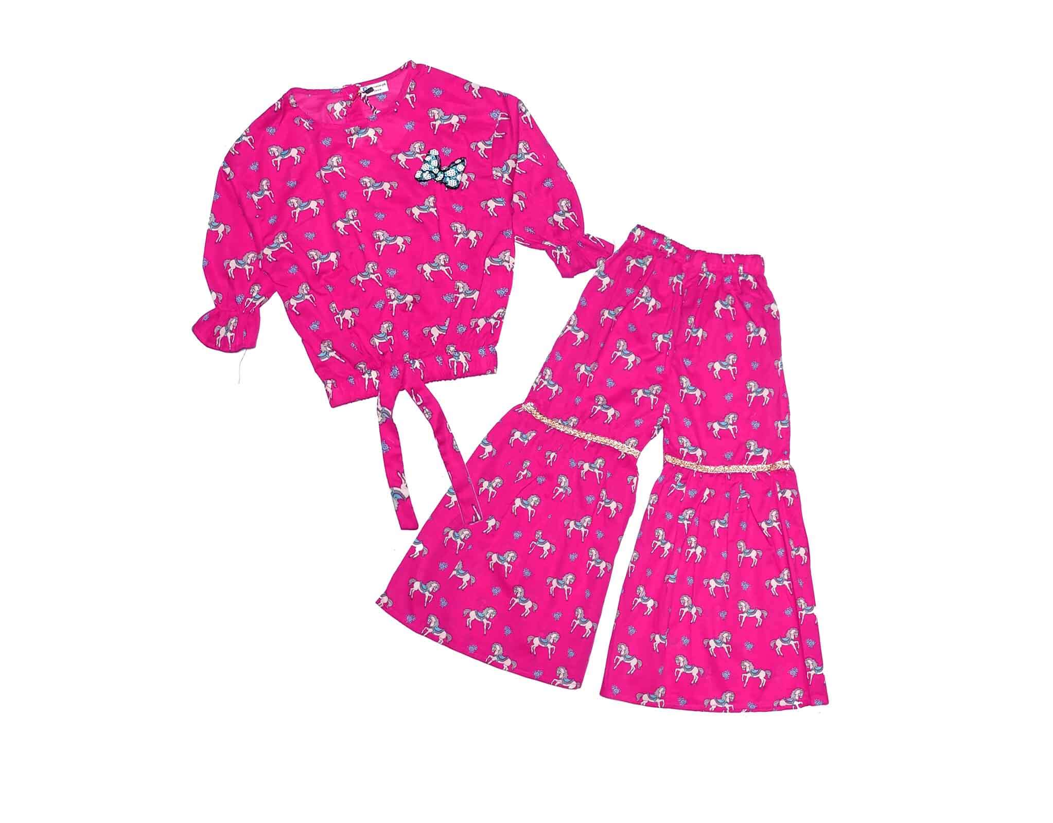 Unicorn Cotton Short Top with Gharrara - Shocking Pink 1