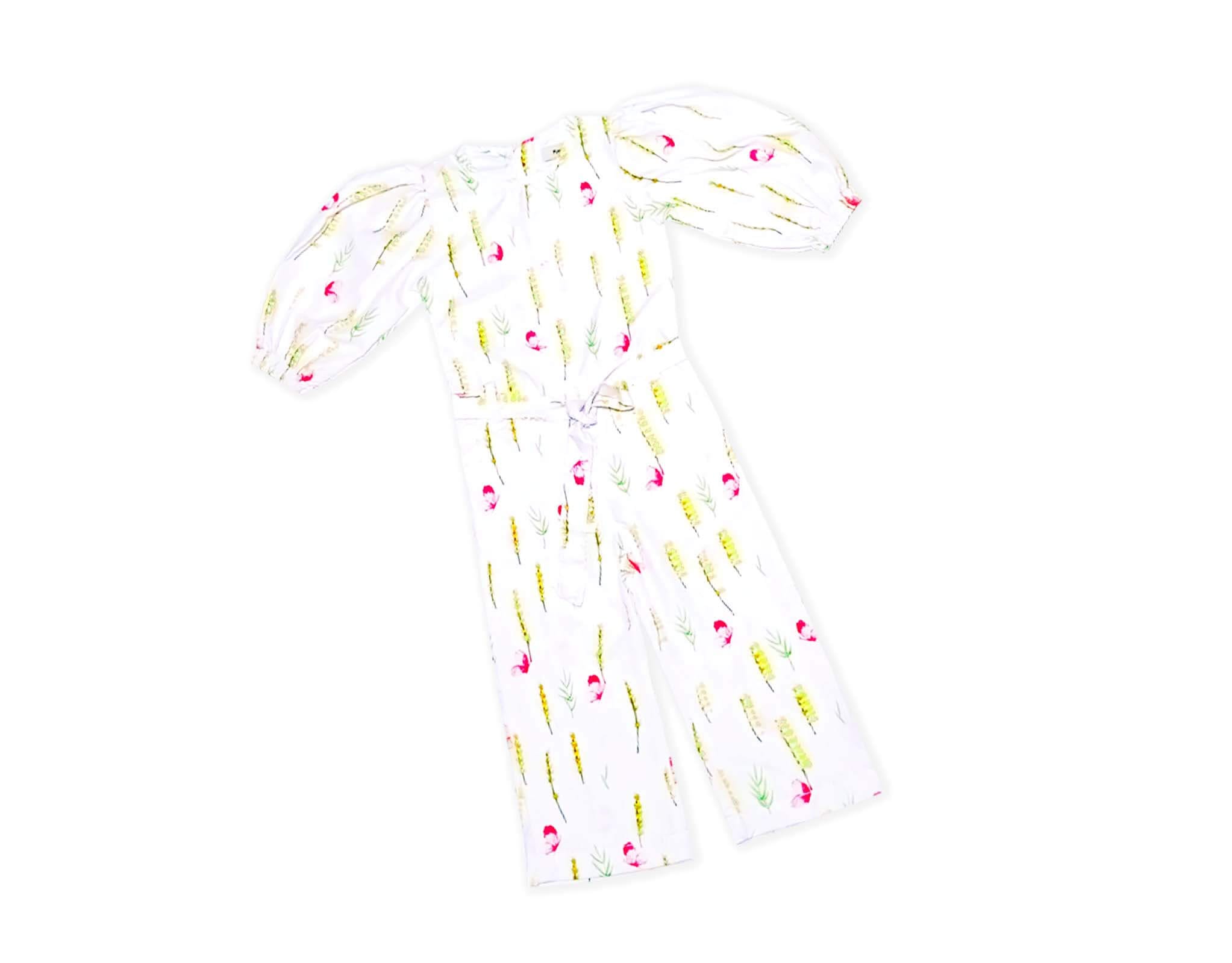 Wheat Flowers Puff Sleeves Jumpsuit - White 1