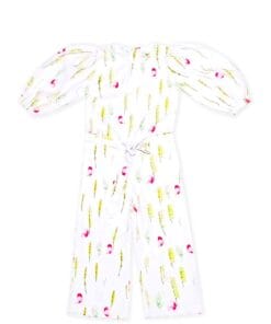 Wheat Flowers Puff Sleeves Jumpsuit - White