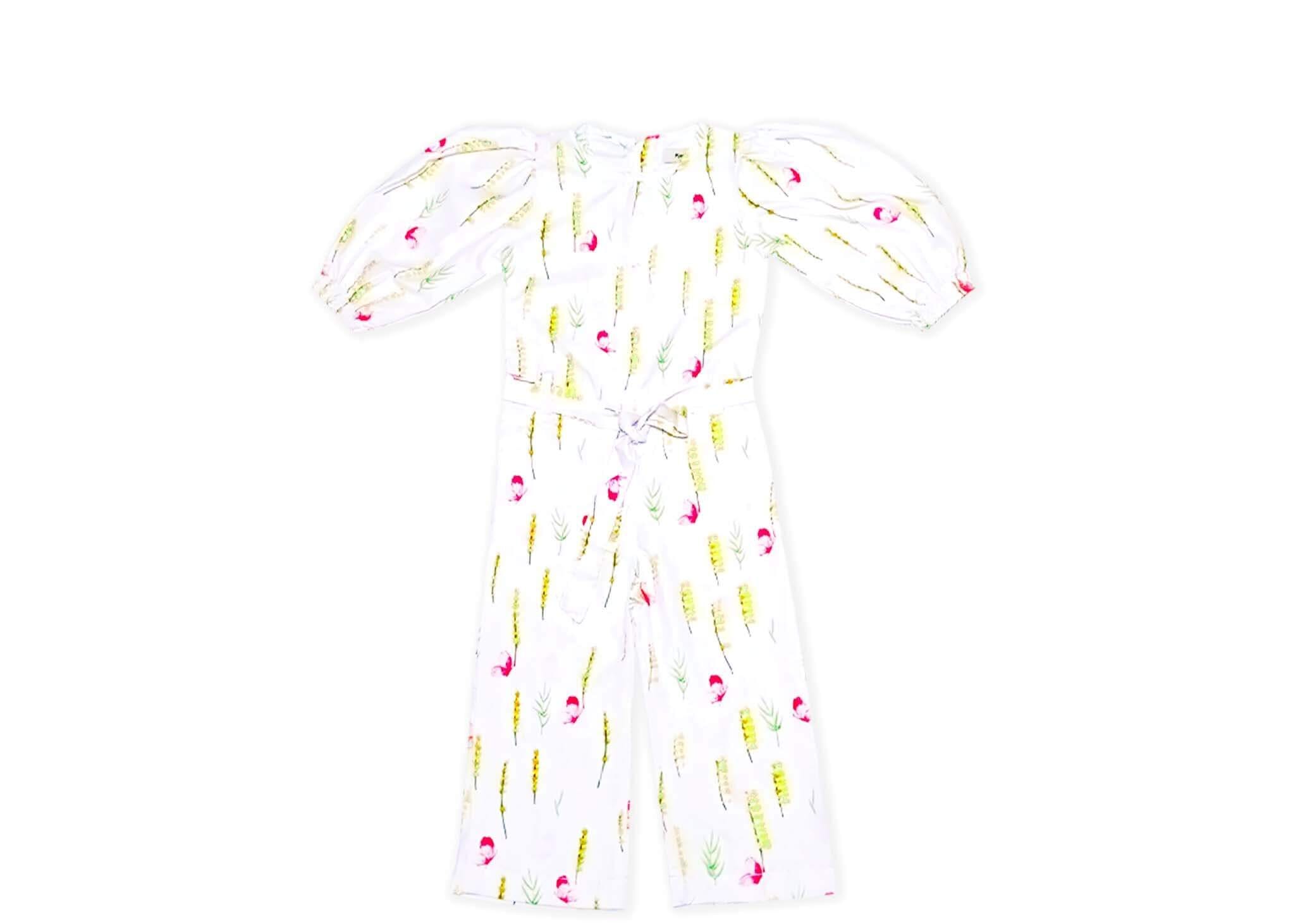 Wheat Flowers Puff Sleeves Jumpsuit - White