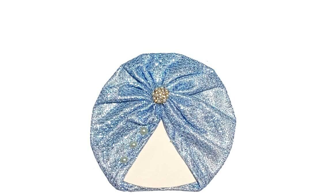 Pearls Brouch Moon Light Turban Cap For Babies - Sky Blue