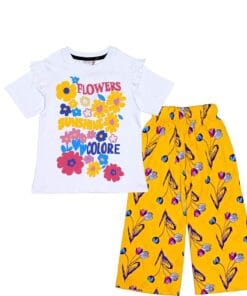 Flowers Color Cotton Frill T Shirt with Arabic Lawn Plazzo - White & Mustard