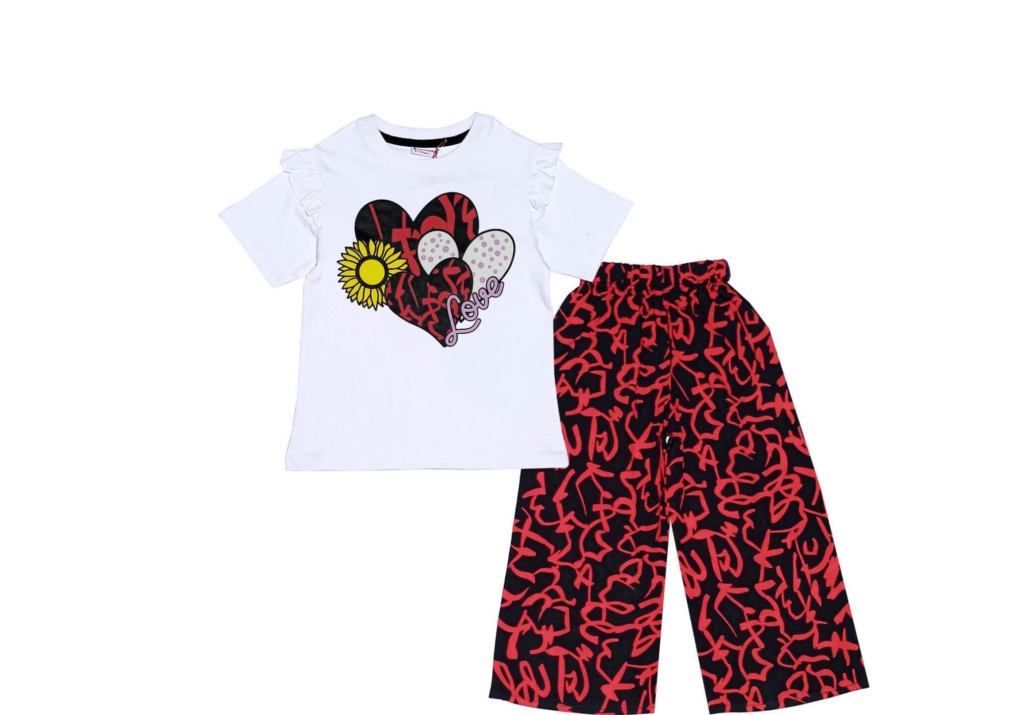 Love Hearts & Sunflower Cotton T Shirt with Arabic Lawn Plazzo - White & Black