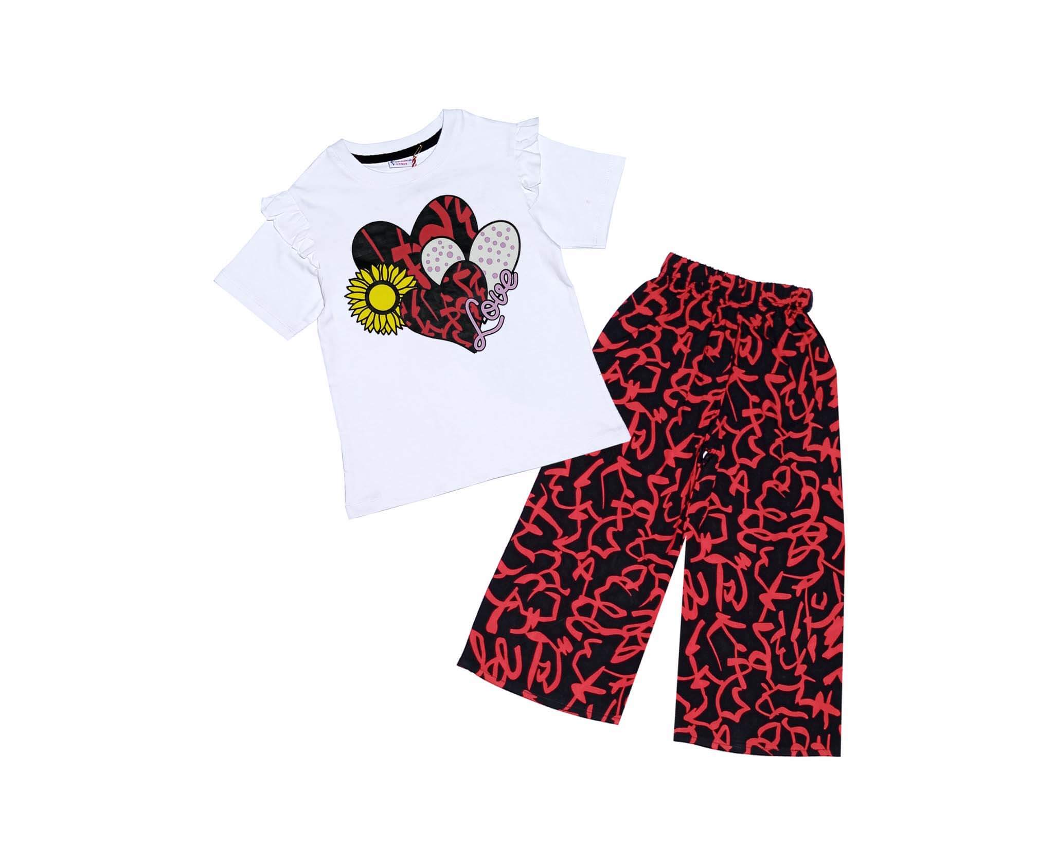 Love Hearts & Sunflower Cotton T Shirt with Arabic Lawn Plazzo - White & Black 1