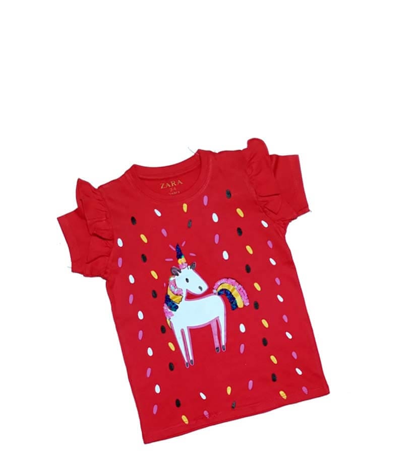Lovely Unicorn With Sequence Tee Shirt - Red 1