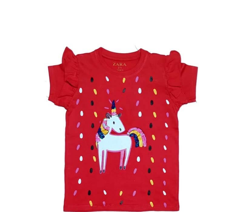 Lovely Unicorn With Sequence Tee Shirt - Red