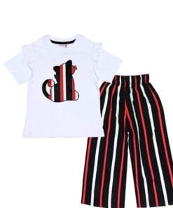 Red & Black Stripes Cat Cotton T Shirt with Arabic Lawn Plazzo - White & Black