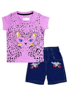 Wild Sequence Leopard Tee Shirt & Red Apple Flowers Denim Shorts