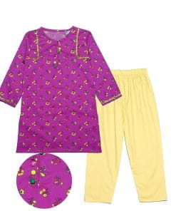 Lillys Florals With Lace Work Kurti & Trouser - Magenta & Lime Yellow