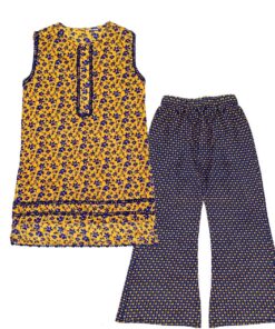 Blue Florals Lawn Kurti & Flapper Trouser - Mustard
