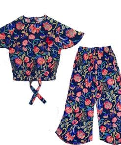 Blooming Red Rosess Fish Cut Cotton Top & Flapper – Blue