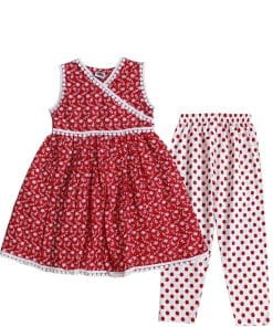Chicken Kari Angrakha Frock with Polka Dot Trouser - Red & White