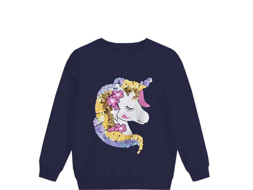 Fancy Sequin Hairs Unicorn Fleece Sweatshirt - Navy Blue