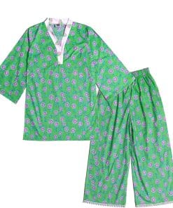 Pink Sunflowers Flapper Sleeves Cotton Kurti & Plazzo - Parrot Green