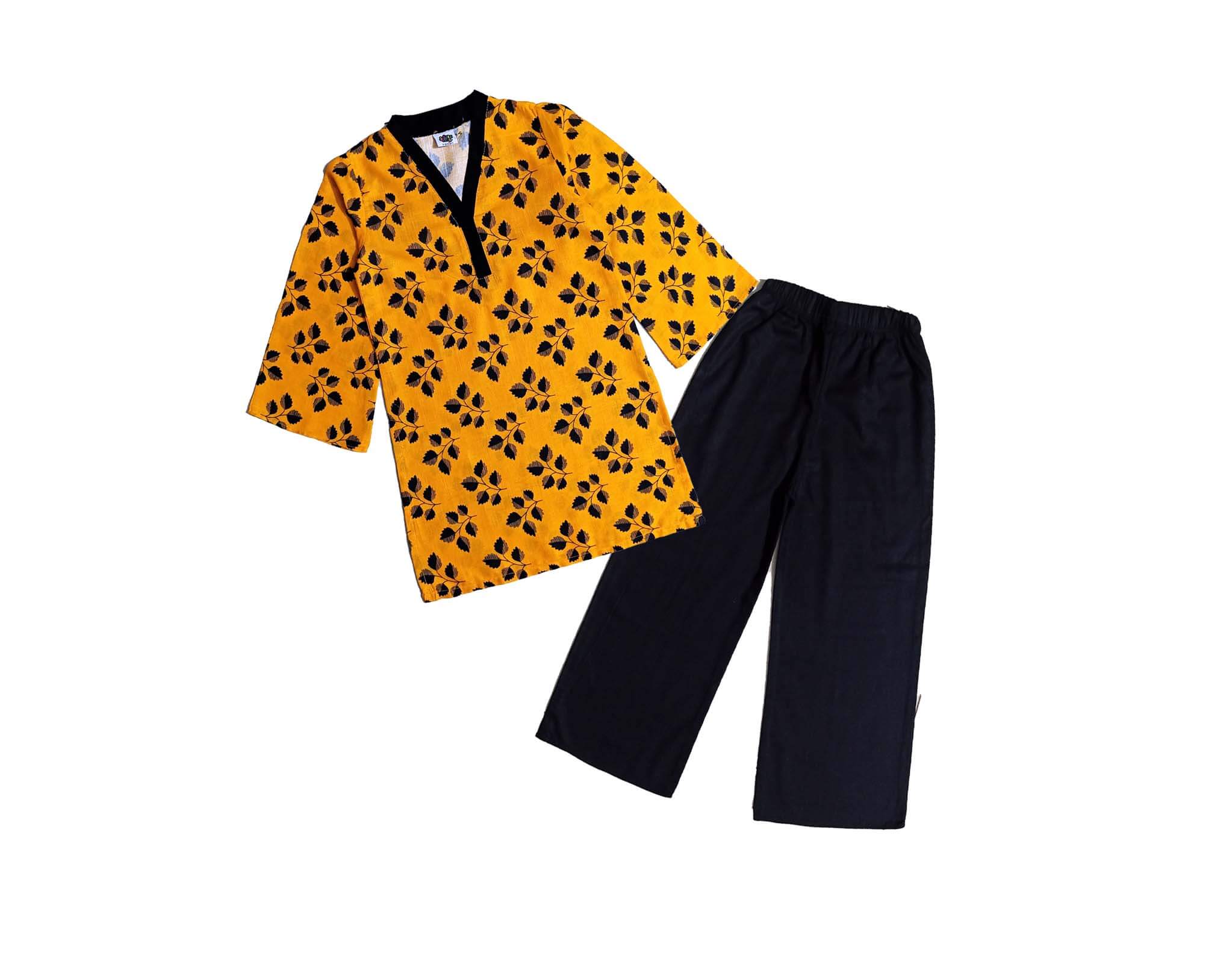 Black Leaf Flapper Sleeves Khaddar Kurti & Trouser - Mustard & Black 1