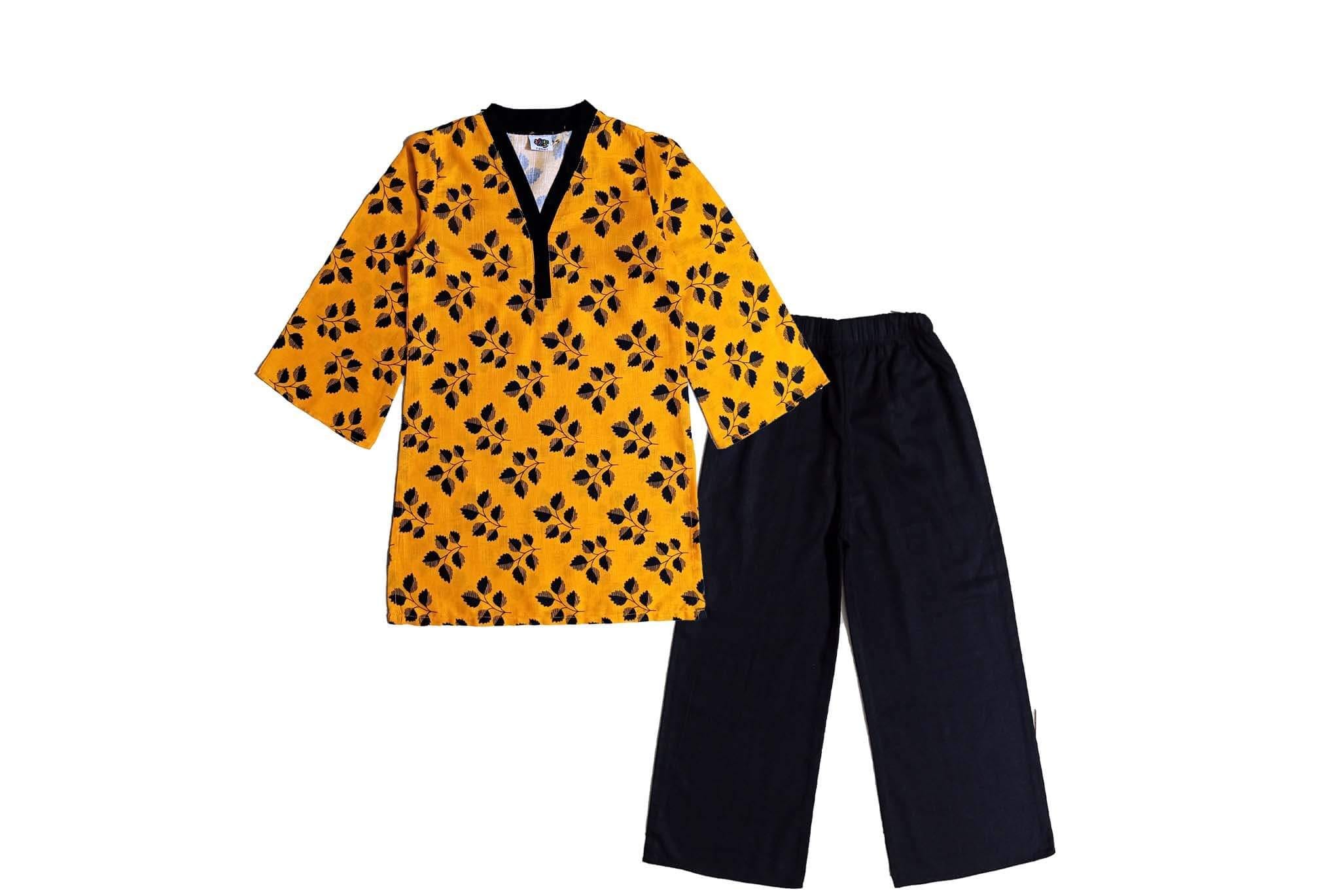 Black Leaf Flapper Sleeves Khaddar Kurti & Trouser - Mustard & Black