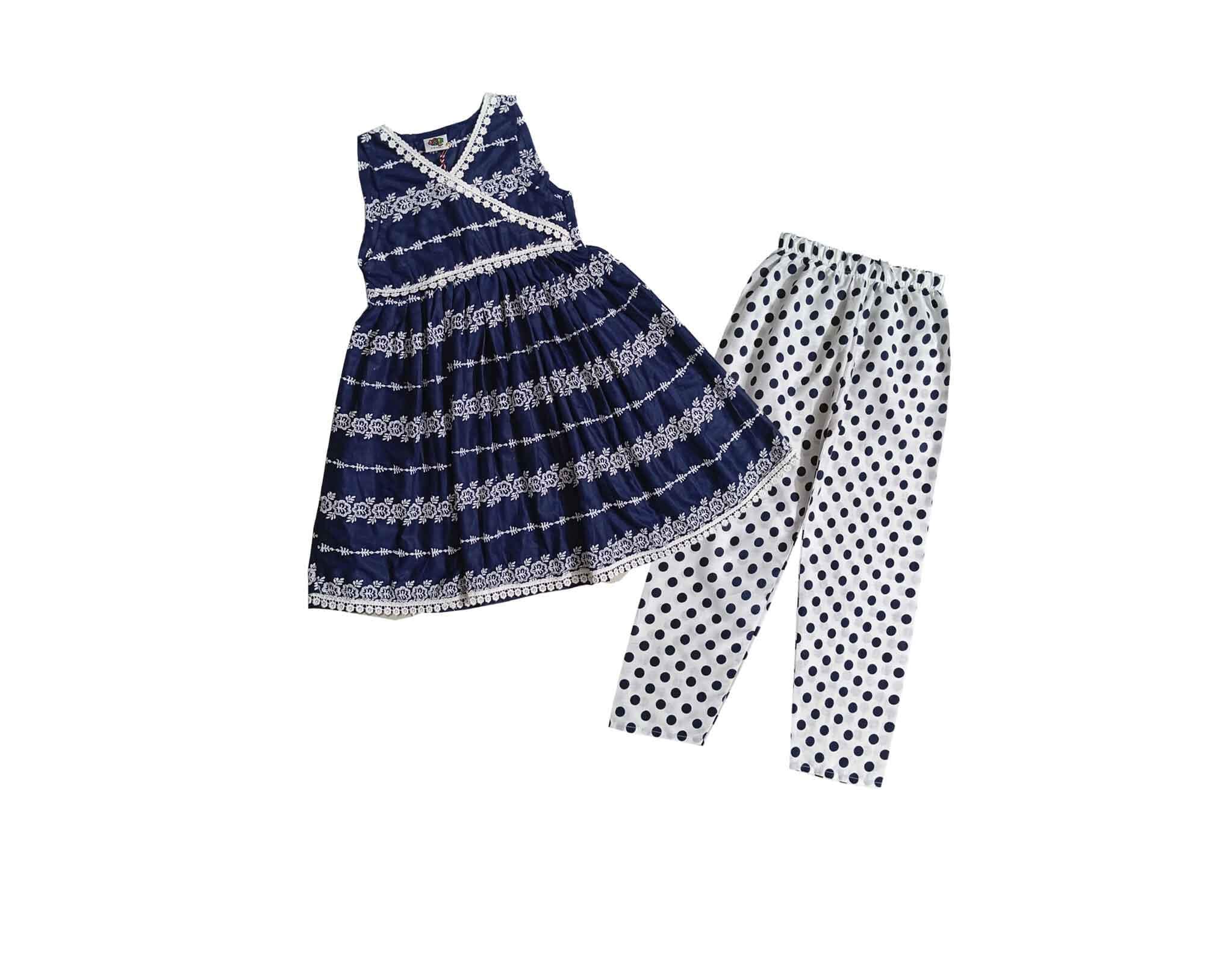 Chicken Kari Angrakha Frock with Polka Dot Trouser - Navy Blue & White 1