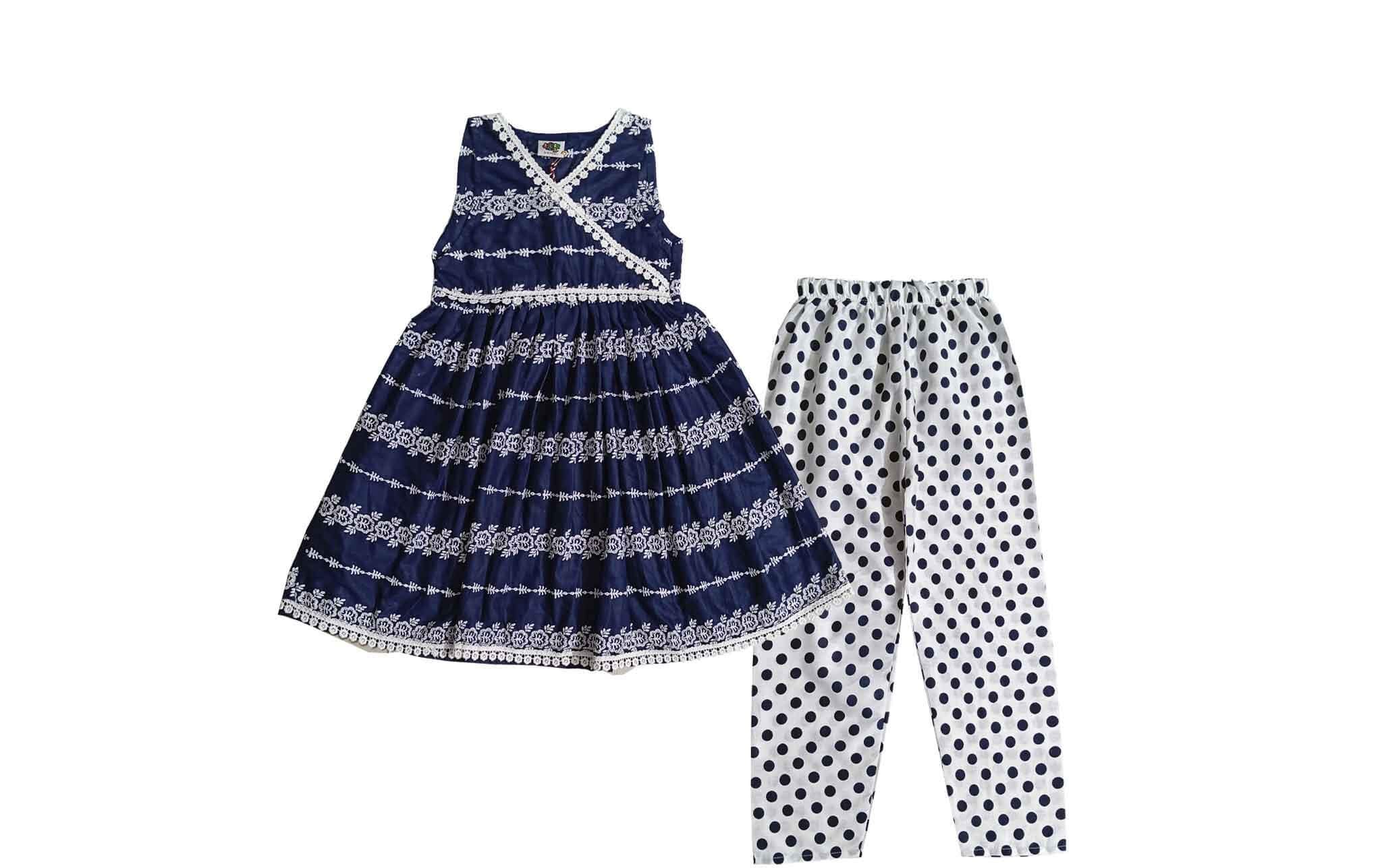 Chicken Kari Angrakha Frock with Polka Dot Trouser - Navy Blue & White