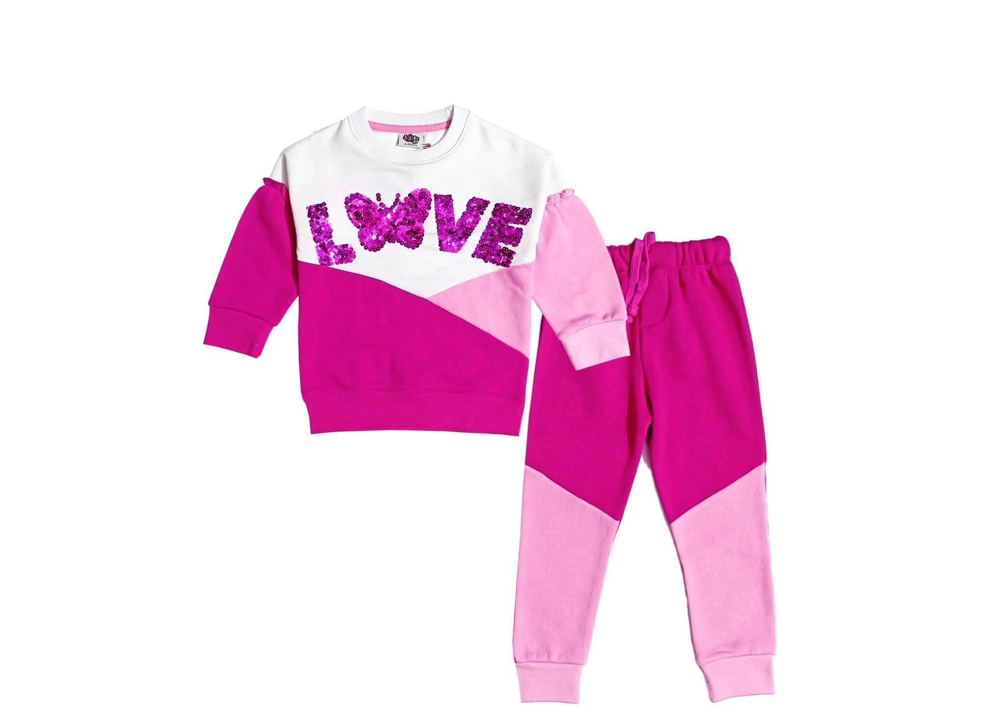 Love Sequin Butterfly Penal Fleece Tracksuit - White & Pink