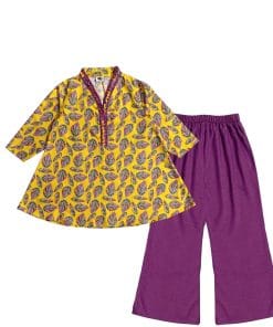 Magic Leaf Short Flair Viscose Linen Frock & Flapper Trouser - Mustard & Purple