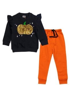Golden Sequin Pumpkin Fleece Tracksuit - Black & Orange