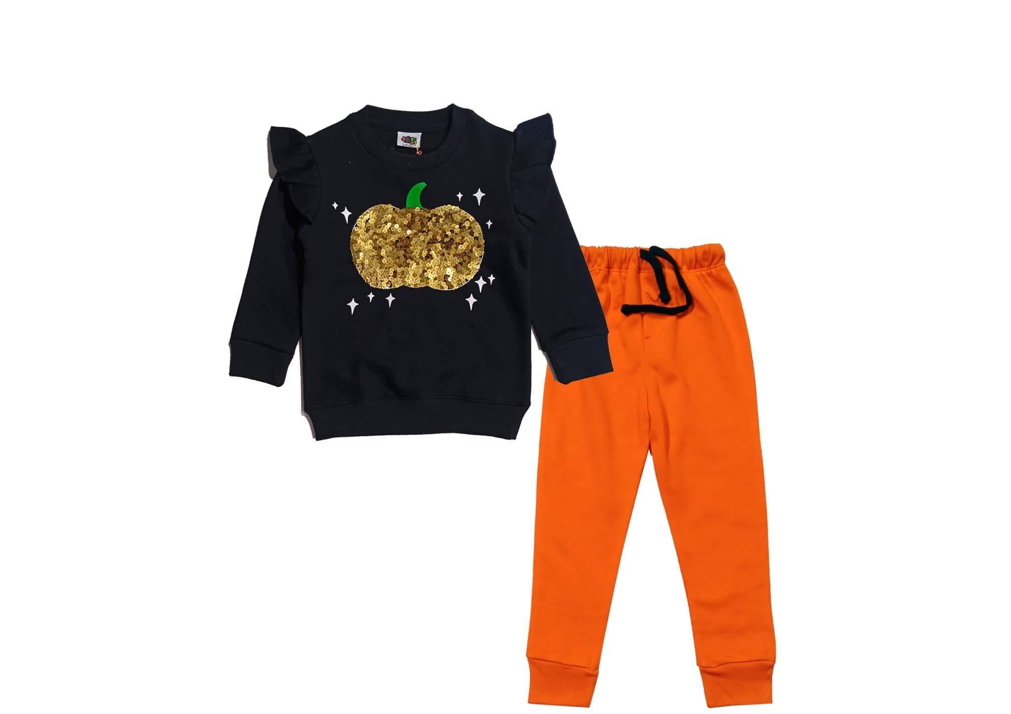 Golden Sequin Pumpkin Fleece Tracksuit - Black & Orange