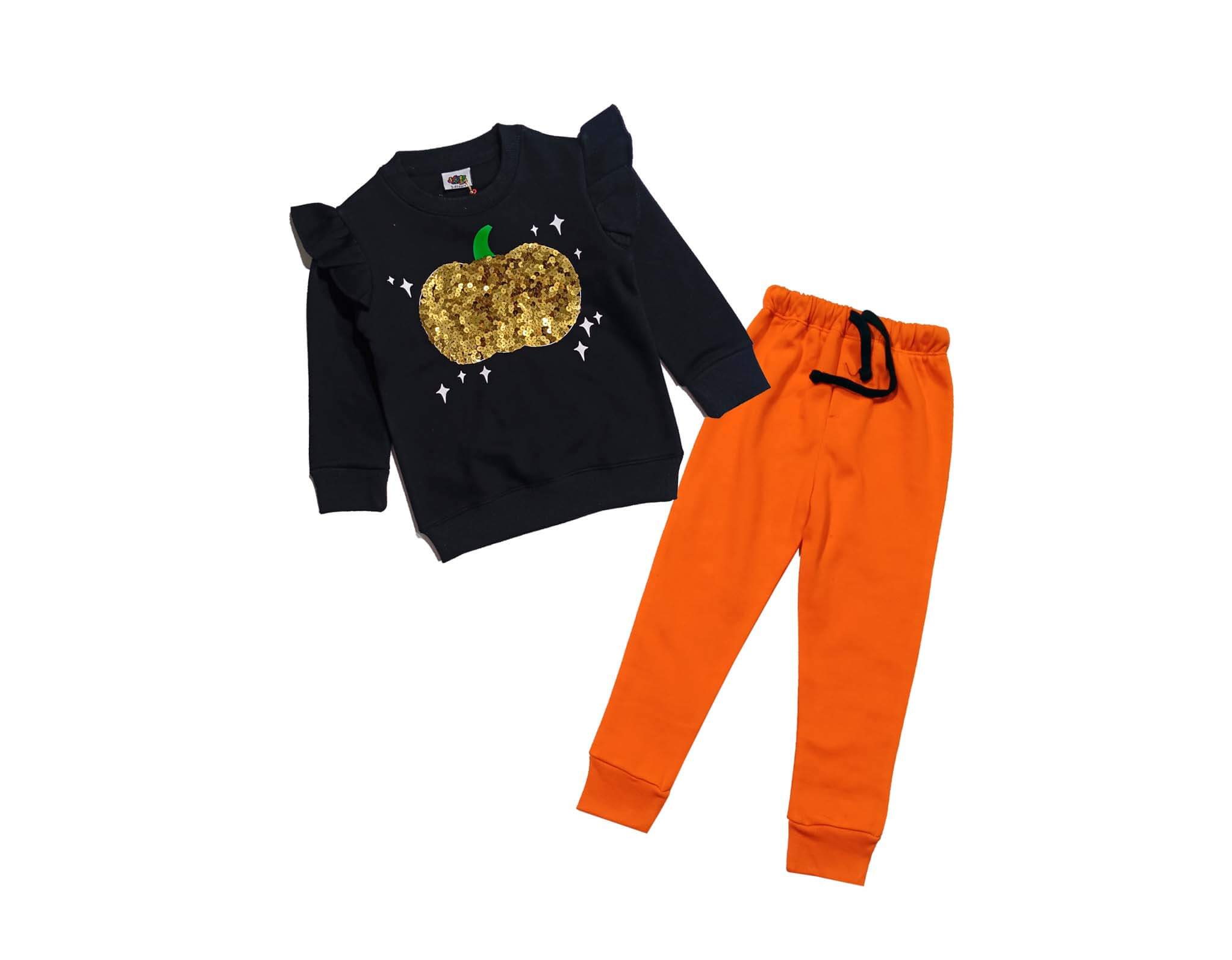 Golden Sequin Pumpkin Fleece Tracksuit - Black & Orange 1