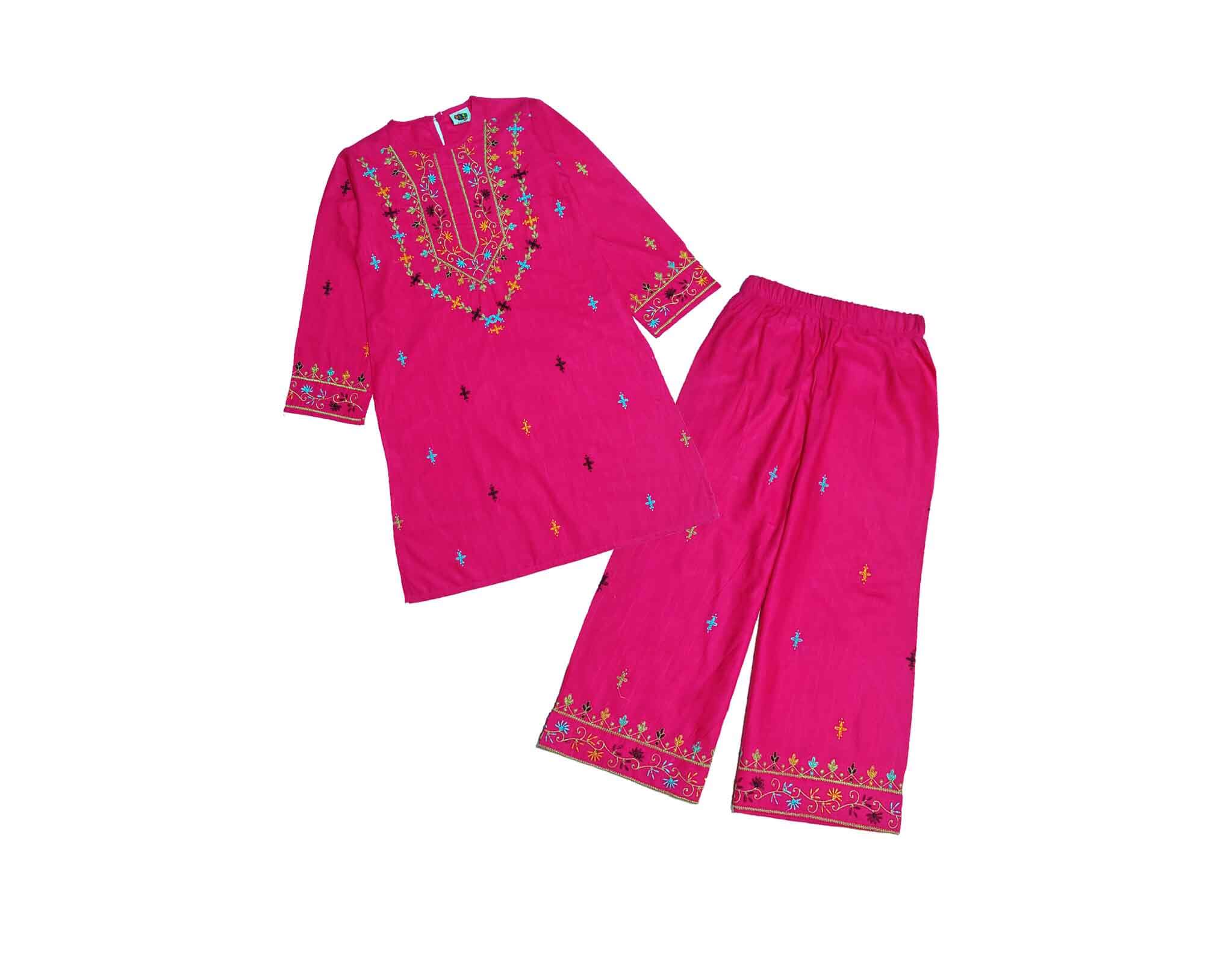 Elegant Florals Khaddar Kurti & Bell Bottom Trouser - Shocking Pink 1