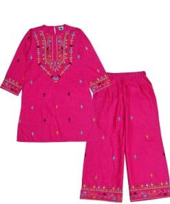 Elegant Florals Khaddar Kurti & Bell Bottom Trouser - Shocking Pink