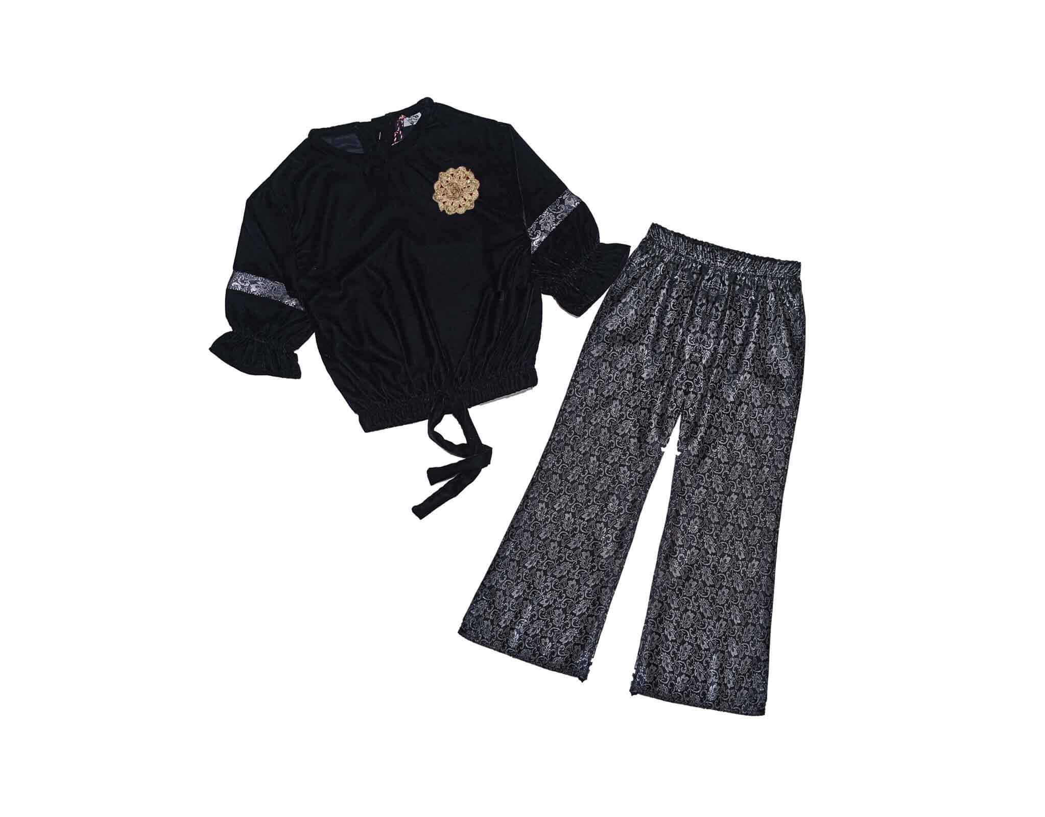 Fency Velvet Short Top & Jamawar Bell Bottom Trouser - Black 1