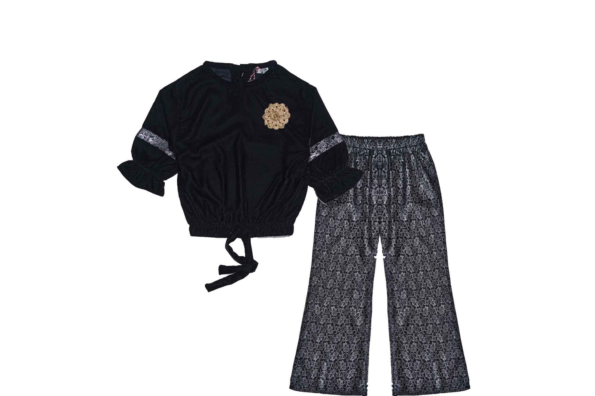 Fency Velvet Short Top & Jamawar Bell Bottom Trouser - Black