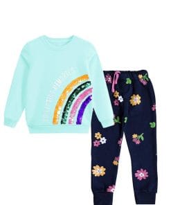 Sequin Rainbow Flowers Fleece Tracksuit - Sea Green & Navy Blue