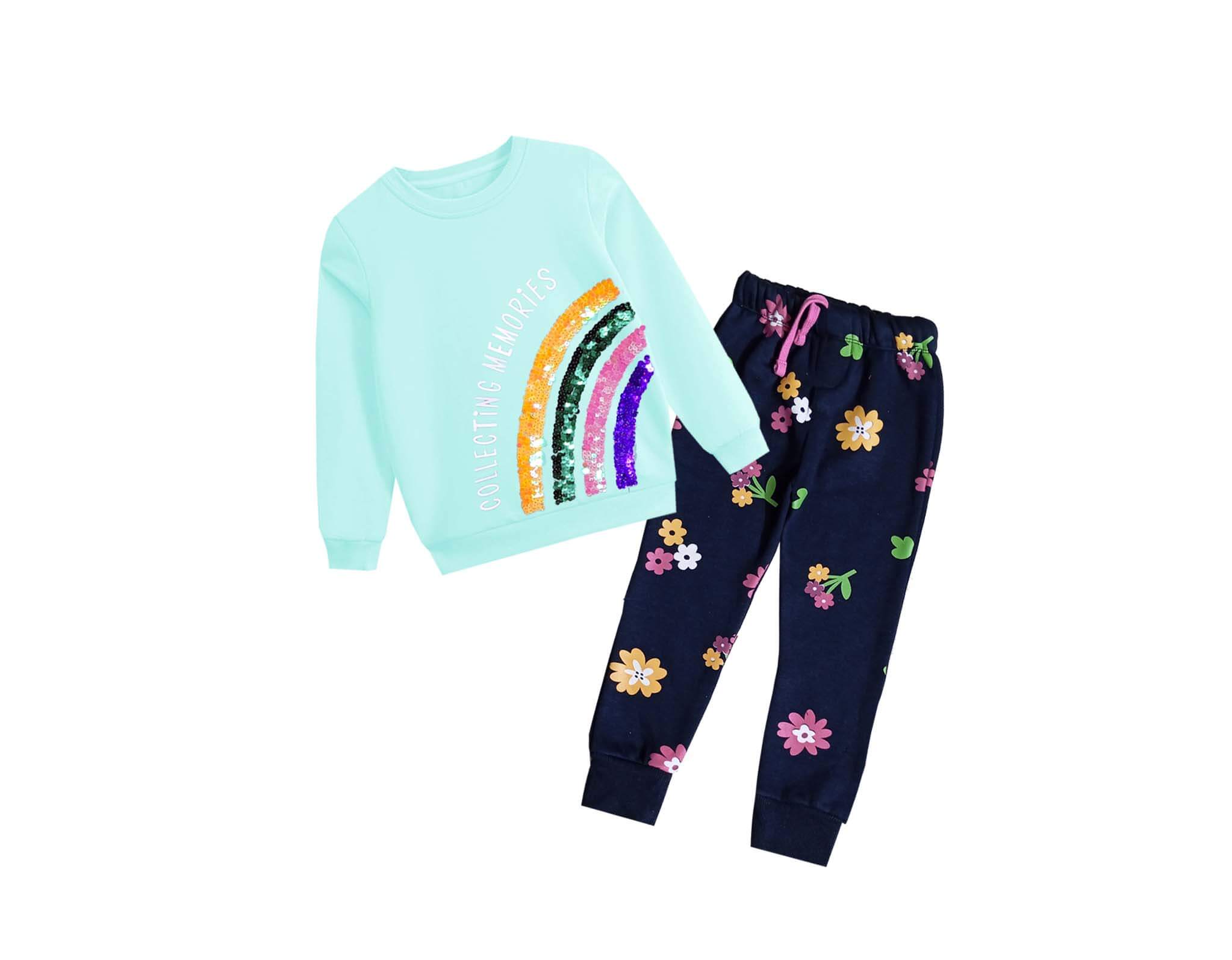 Sequin Rainbow Flowers Fleece Tracksuit - Sea Green & Navy Blue 1