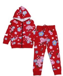 Blooming Flowers Bunch Fleece Hoodie Trcksuit - Red