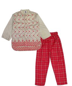 Geomatric Design Embriodery Shirt with Trouser - Light Brown & Red