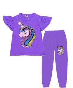 Multi Colors Glitter & Sequins Unicorn Fish Cut Sleeves Tee & Trouser - Purple