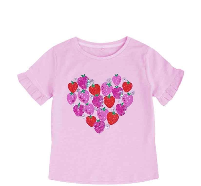 Pink Sequins Strawberries Cotton T Shirt - Baby Pink