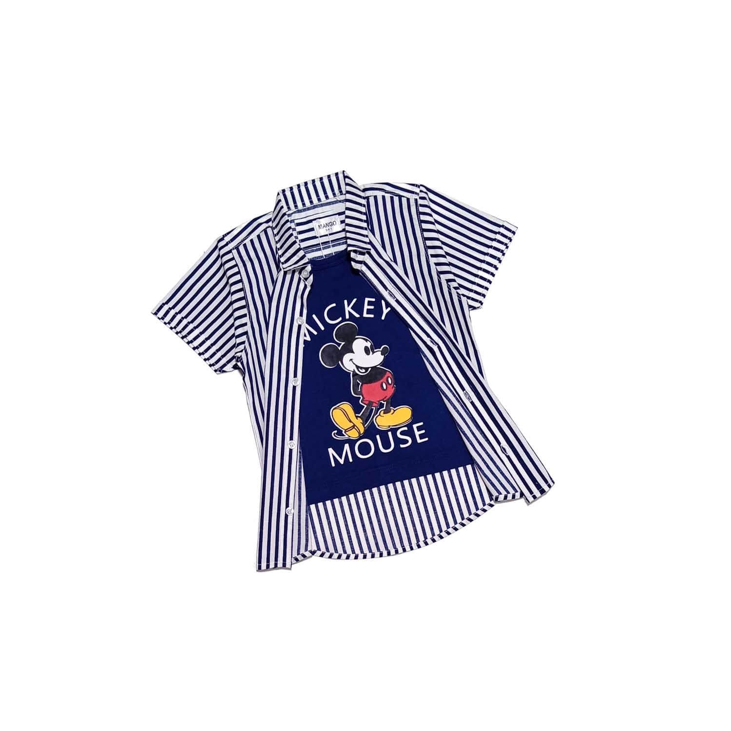 Regular Fit Mickey Blue Stripes Twofer Cotton Casual Shirt - White & Blue 1