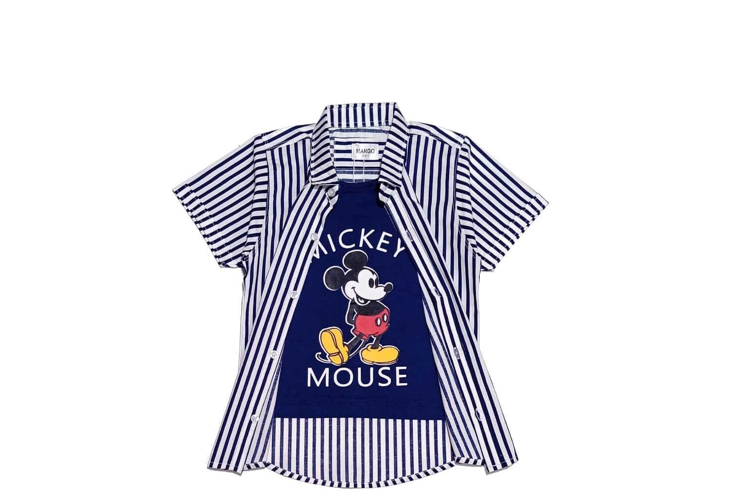 Regular Fit Mickey Blue Stripes Twofer Cotton Casual Shirt - White & Blue