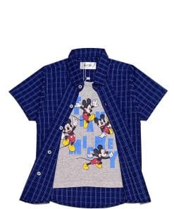 Regular Fit Team Mickey Blue Check Box Twofer Cotton Casual Shirt - Grey & Blue