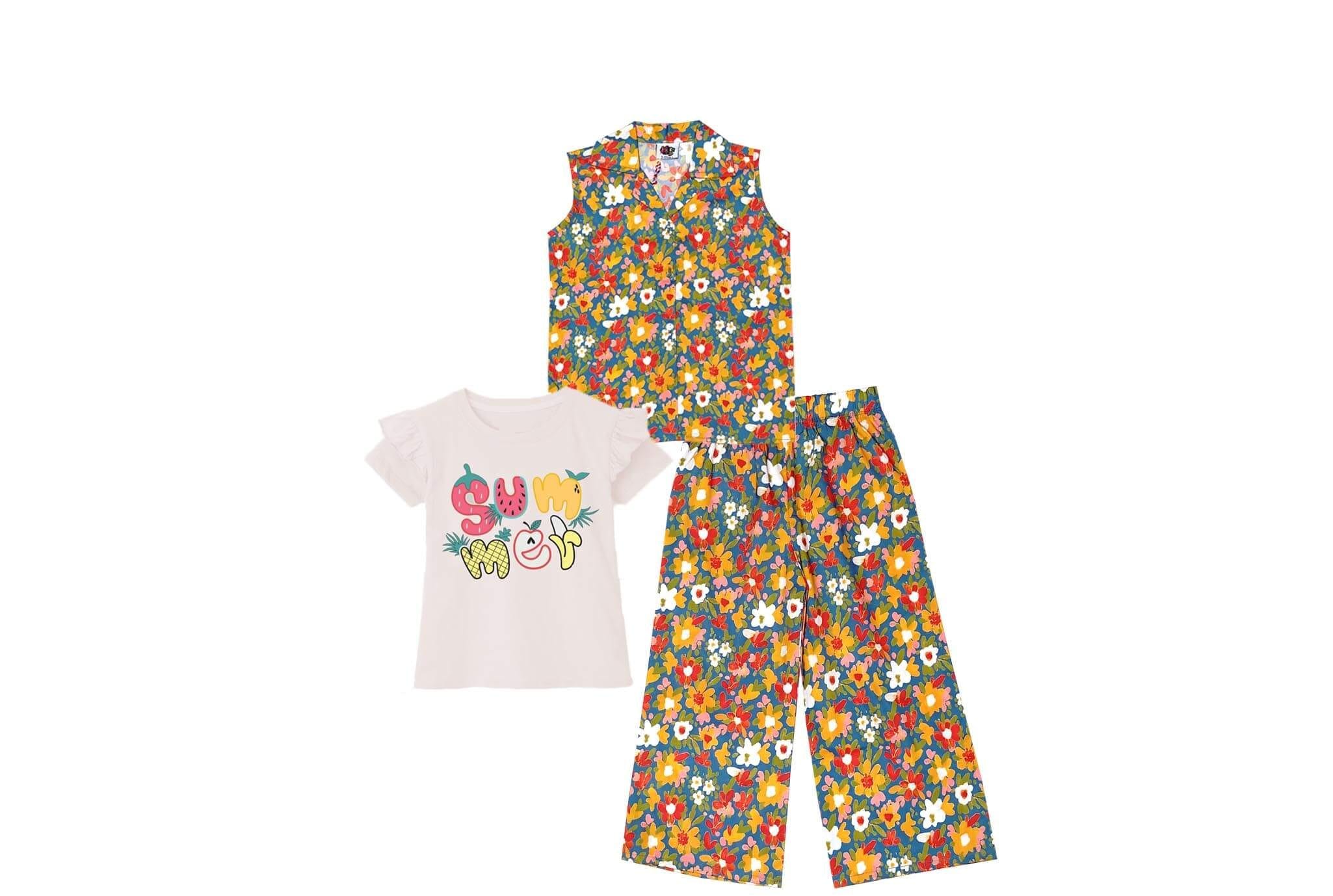 3 Pcs Elegant Seamless Floral Sleeves less Coat Tee & Plazzo - Zinc