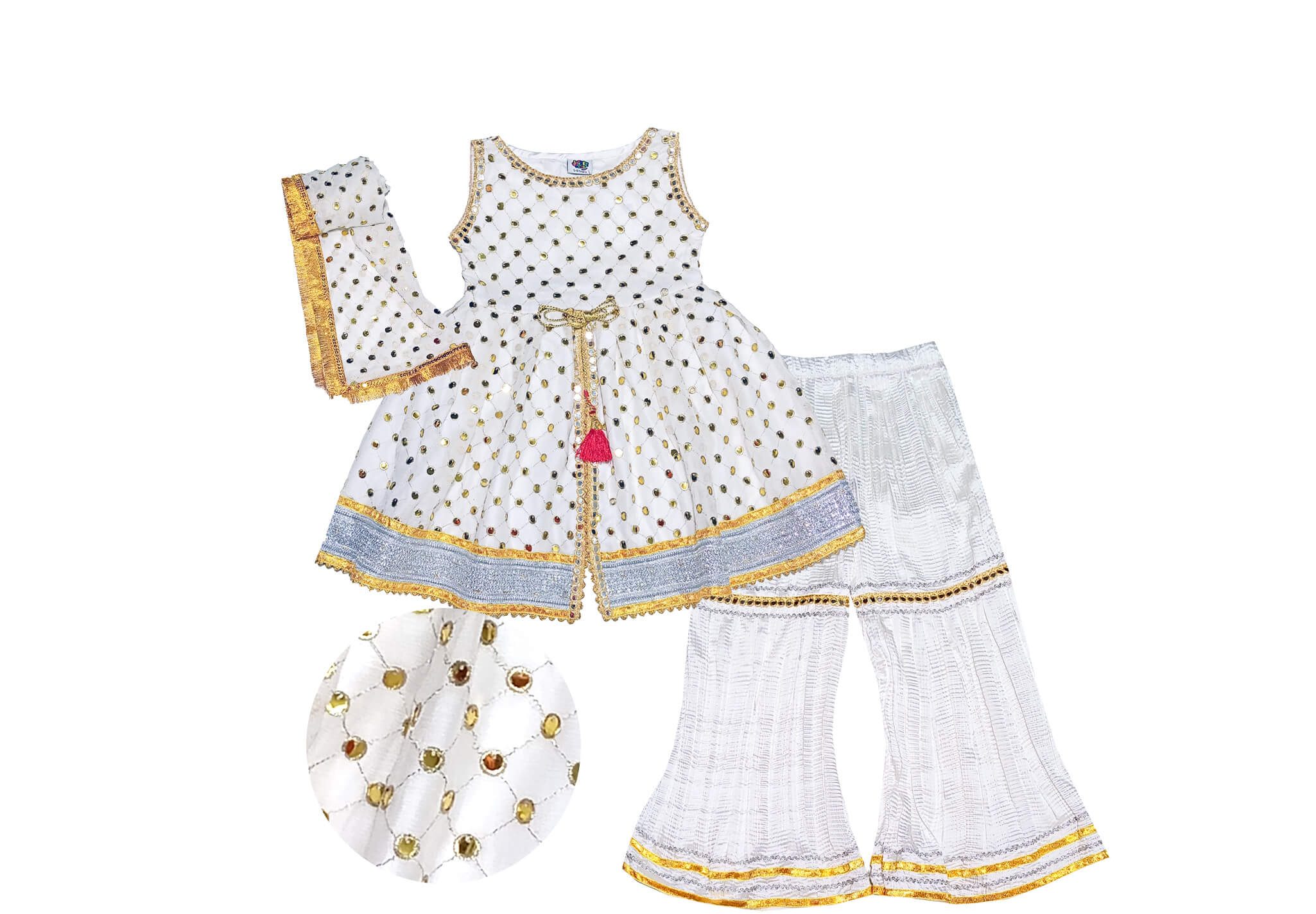 3 pcs Chiffon Fency Frock with Crush Ghrrara - off White