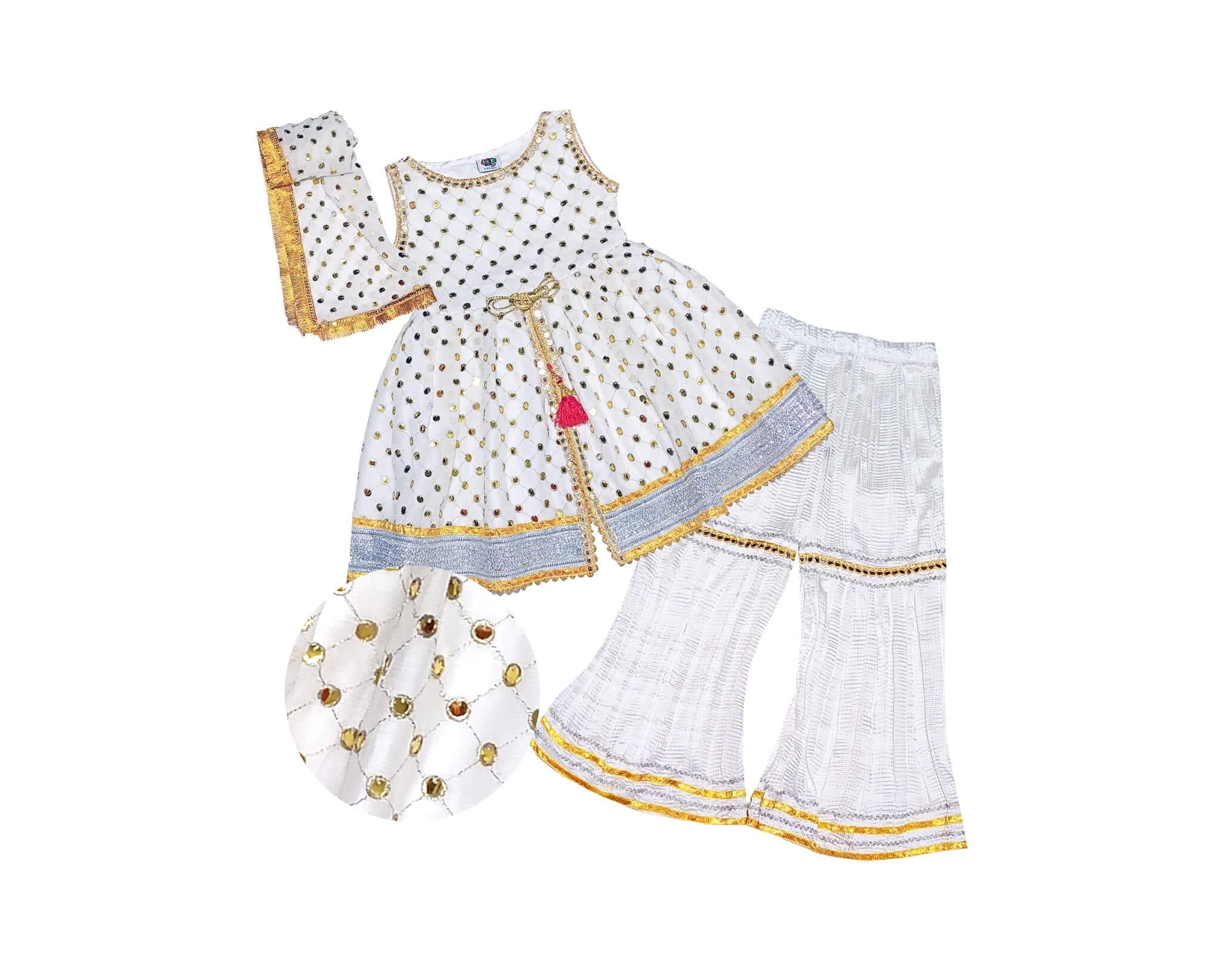 3 pcs Chiffon Fency Frock with Crush Ghrrara - off White 1