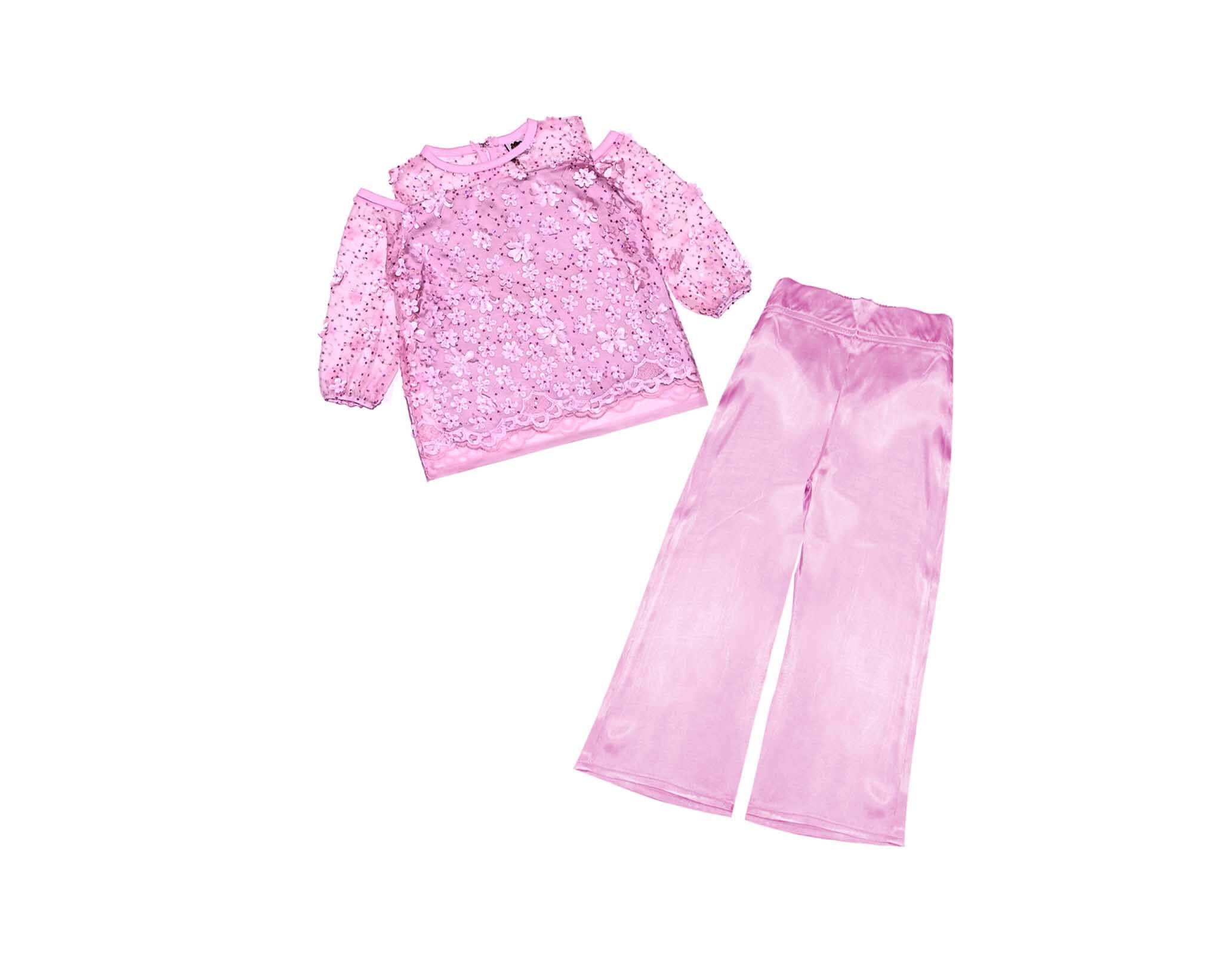 3D Sunflowers with Sequin Net Top & Silk Flapper Trouser - Rose Pink 1