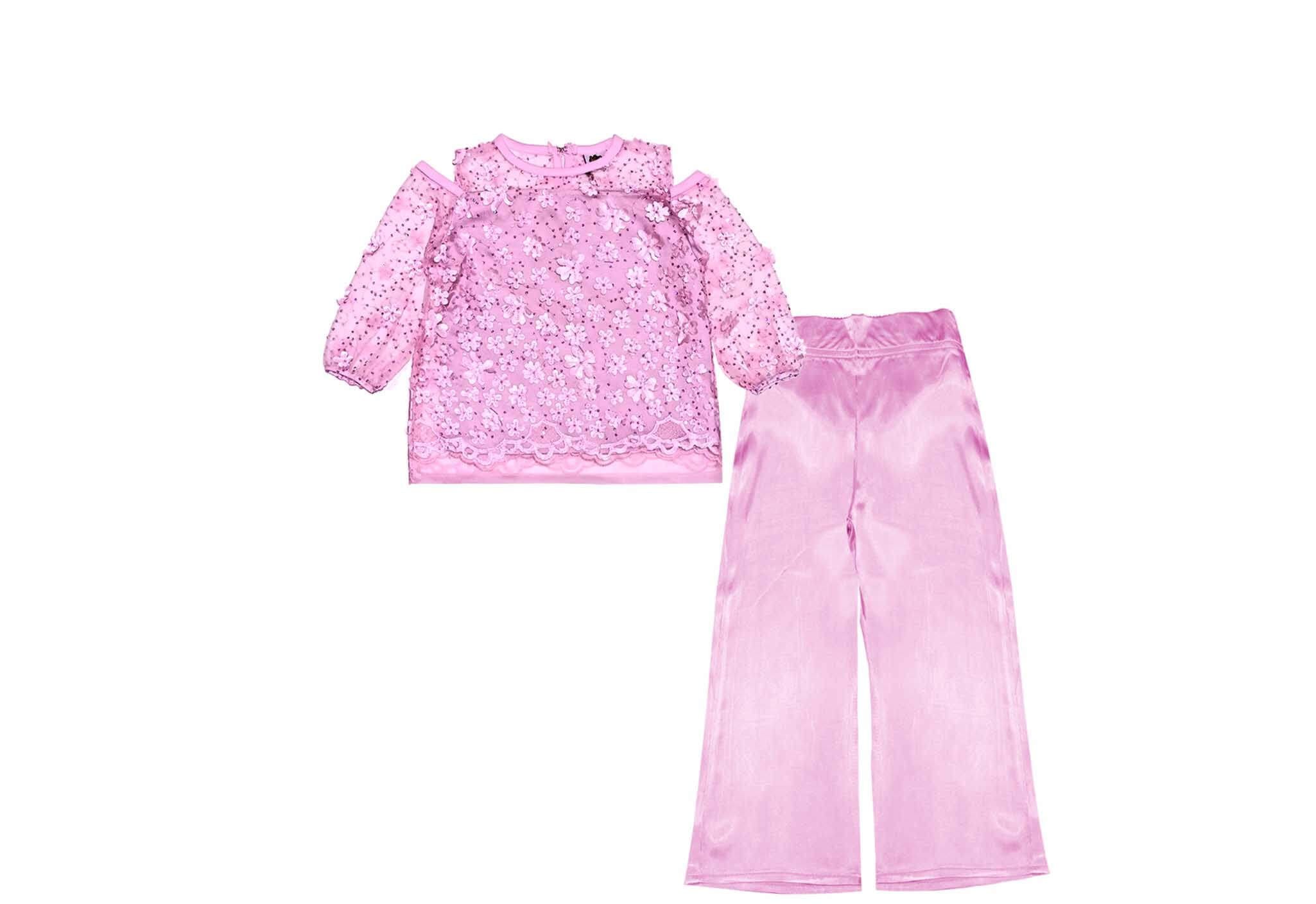 3D Sunflowers with Sequin Net Top & Silk Flapper Trouser - Rose Pink