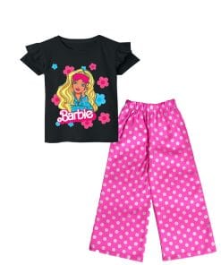 Barbie Doll & Flowers Frill T Shirt with Cotton Plazzo - Black & Pink
